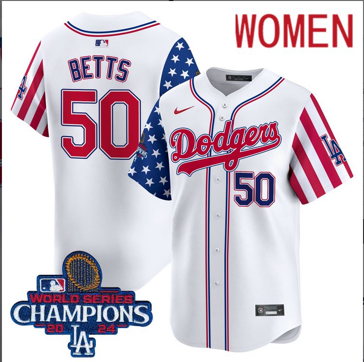 Women MLB Los Angeles Dodgers 50 Betts American Style white 2024 World Series Champions Limited Jersey